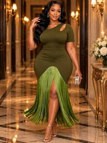 Gaun Bodycon Panjang Sedang AOMEI Wanita Elegan Warna Hijau Zaitun dengan Rumbai, Potongan Bahu Terbuka, Lengan Pendek, dan Belahan di Bagian Bawah, Gaun Pesta Malam untuk Prom - Olive Green - View 1