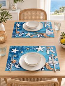 Ocean Nautical Theme Placemats, Blue Wood Grain Starfish Shell Anchor Sailboat Print Table Mats, Suitable For Dining Table Kitchen Beach Vacation Style Home Decor, Party Gathering Setup - Multicolor - View 7