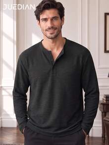 1pc T-Shirt, Solid Color Henley Collar Three-Button Design Loose Fit Long Sleeve Top, Faux Linen Textured Fabric, Skin-Friendly Soft Anti-Deformation, Elegant Slouchy Old Money Style, Suitable For Daily Commute And Friend Gatherings, Machine Washable And Dry Cleanable - Black - View 1