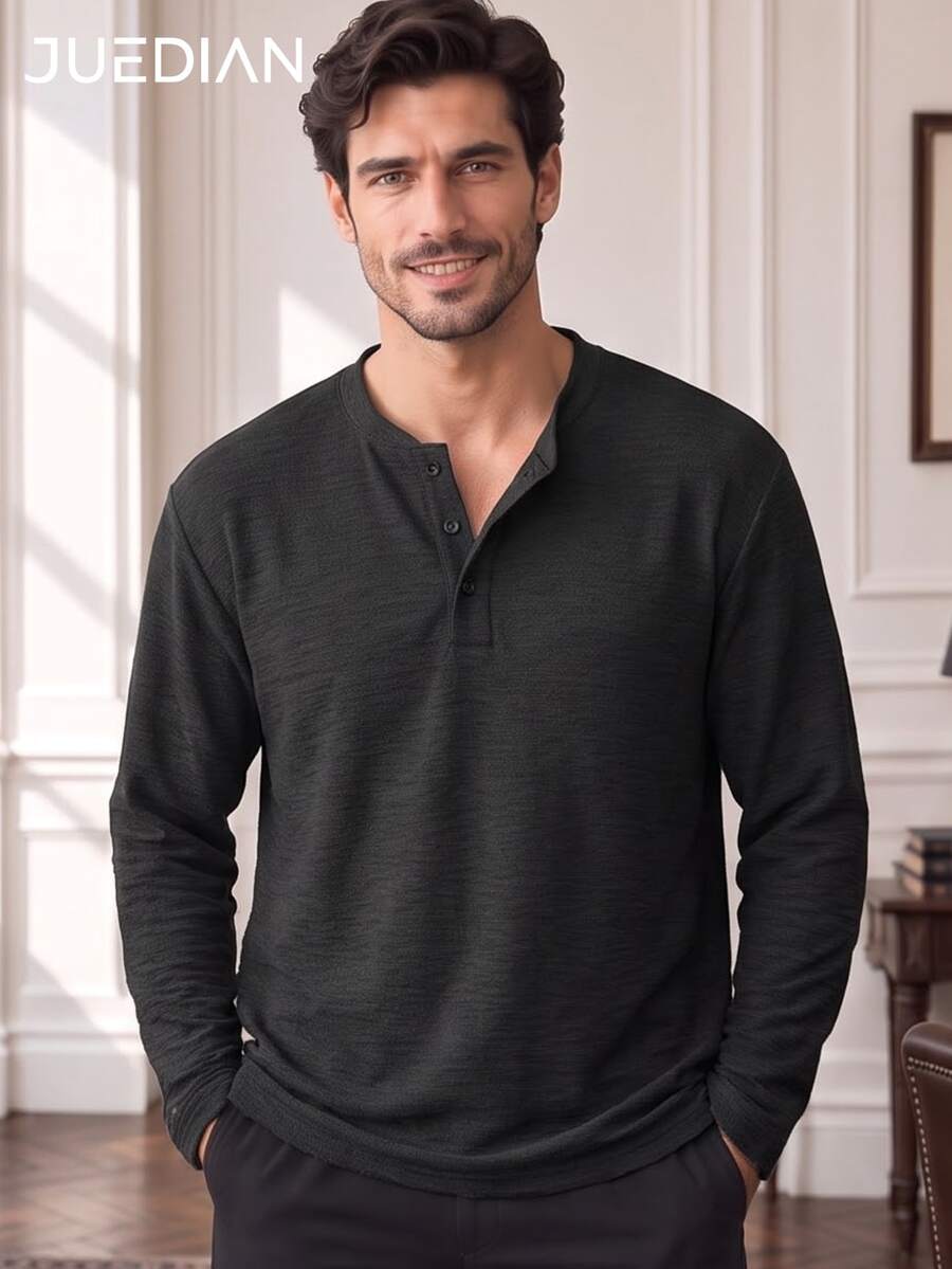 1pc T-Shirt, Solid Color Henley Collar Three-Button Design Loose Fit Long Sleeve Top, Faux Linen Textured Fabric, Skin-Friendly Soft Anti-Deformation, Elegant Slouchy Old Money Style, Suitable For Daily Commute And Friend Gatherings, Machine Washable And Dry Cleanable - Black - View 1