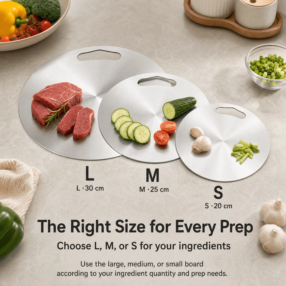 1pc/2pcs/3pcs/Household And Outdoor Stainless Steel Round Cutting Board, Wear-Resistant And Mold-Proof Chopping Board, Multi-Functional Vegetable Cutting Board, Large Dough Rolling Board, Steak Defrosting Board
