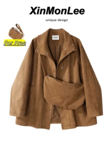 Korean Style Versatile Slimming Motorcycle Coat Solid Color Button Jacket For Daily, College, Travel, Autumn/Winter - Coffee Brown - View 1