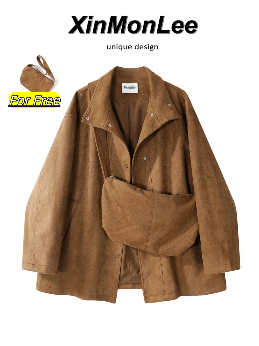 Korean Style Versatile Slimming Motorcycle Coat Solid Color Button Jacket For Daily, College, Travel, Autumn/Winter - Coffee Brown - View 1