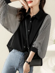 YUXIN Spring & Summer Korean Style Striped Patchwork Blouse, Lantern Sleeve Chiffon Patchwork, Loose Fit, Casual Daily Wear Top For Women - Stripe - View 7