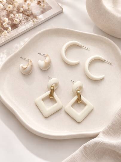 3 Pairs Fall Cream White Earrings Set For Women, Chunky C Hoop, Curved Stud & Geometric Square Drop Earrings, Minimalist Daily Jewelry
