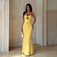 Women's Autumn Strapless Metal Color Beach Vacation Bodycon Dress - Yellow - View 3