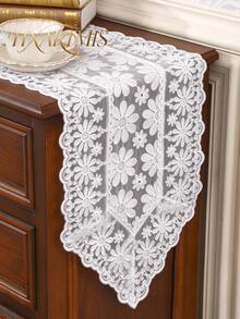 HXARTMIS 1PC Romantic White Daisy Lace Table Runner, Hollow Embroidery Semi-Transparent Mesh Table Runner, White Wavy Edge Table Decor, Suitable For Bridal Shower, Daily Home Decor And Holiday Decoration - White - View 2