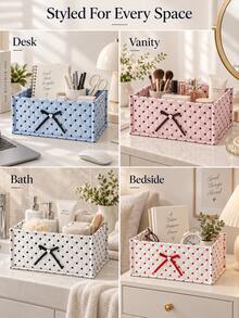 Sweet Polka Dot Quilted Fabric Storage Bin, Rectangular Soft Storage Box With Bow Decoration, Large Capacity Multi-Functional Storage Box, Suitable For Cosmetics, Snacks, Ideal For Desktop, Bathroom And Bedroom Home Storage - Multicolor - View 5