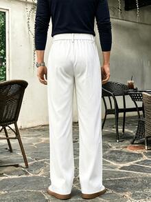 Men's Solid Color Double Pleated Wide Leg Casual Suit Pants, Elastic Waist Draped Straight Leg Trousers, Suitable For Weekend Business Travel, Commuting, Dating And Outdoor Activities - White - View 2