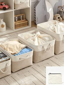 Minimalist Farmhouse Style Linen Blend Rectangular Storage Basket, Foldable Fabric Storage Bin With Thickened Cotton Rope Handles, Large Capacity, Suitable For Bedroom Closet, Shelf, Cabinet, Living Room, Home Organization And Storage - Multicolor - View 11