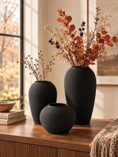 Vaso de Chão Estilo Wabi-Sabi Preto, Vaso de Flores Moderno Minimalista Redondo com Combinação Alto-Baixo, Design Texturizado Vintage, Decoração de Arranjo de Flores Secas para Sala de Estar, Entrada e Mesa de Jantar, Decoração Nórdica para Casa, Presente de Inauguração de Casa e Casamento, Perfeito para Decoração de Sala de Estar