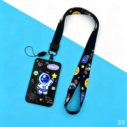 1 Set Black Astronaut Card Holder Lanyard, Cute Student Card Protective Case With Detachable Long Halter For Keys