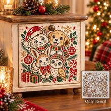 Christmas Animal Stencil Set, Reusable PET Festive Holiday Painting Stencils, Xmas Cat Dog Rabbit Owl Hollow Template With Snowflake Gift Ornament Motifs, For Wall, Canvas, Fabric, Home Decoration, DIY Art Craft Projects For Holiday Season Decorating - Sets - View 6