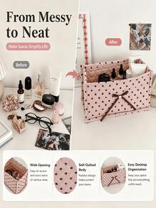 Sweet Polka Dot Quilted Fabric Storage Bin, Rectangular Soft Storage Box With Bow Decoration, Large Capacity Multi-Functional Storage Box, Suitable For Cosmetics, Snacks, Ideal For Desktop, Bathroom And Bedroom Home Storage - Multicolor - View 9