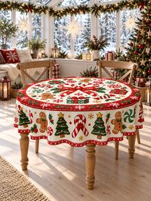 1pc-Retro Gingerbread Man Christmas Table Cover, Red Green Cream Holiday Tablecloth With Candy Cane & Christmas Tree Print, Winter Xmas Dining Room Tabletop Decoration, Lovely Festive Table Linen For Holiday Celebration - Multicolor - View 12