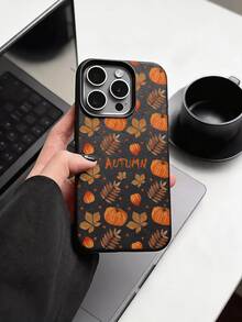 Black Faux Leather Texture Phone Case Compatible With Iphone 18 Pro Max/18 Pro/17 Pro Max/17 Pro/17 Air/17/16 Pro Max/16/15 Pro Max/15/14/13/11, Fall Pumpkin & Maple Leaf Pattern, Anti-Scratch Soft TPU Bumper Shell - Black - View 2