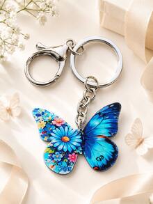 Blue Butterfly Floral Stainless Steel Keychain, Bag Charm Accessory Gift - Multicolor - View 5