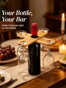 Bamboo Wine Bottle Hanging Cup Rack, Hanging Wine Glass Storage Rack, Holiday Party Picnic Decoration, Thanksgiving Dinner Party Tabletop Decor, Creative Gift For Wine Lovers - Multicolor - View 3