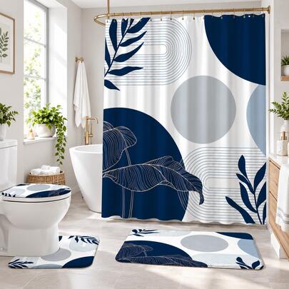 Juego de 1/4 piezas de cortina de ducha azul profundo estilo bohemio, decoración de baño estilo vintage, cortina de ducha, cortina divisoria de baño, juego de cortina de ducha para ambiente del hogar, tela impermeable, incluye 12 ganchos