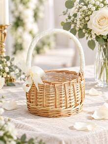 1pc Woven Rattan Basket With Handle, Decorative Ribbon Lace And Tassel Design, Lightweight Handheld Storage Basket, Suitable For Women, Wedding Ceremonies, Party Table Decor, Gift Display, Floral Arrangement And Home Decoration - Multicolor - View 6
