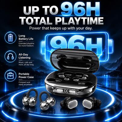 hoco. All‑In‑One Bluetooth Earbuds Kit With Two Earphone Styles, Open‑Ear Clip Headset & Quiet Sleep In‑Ear Buds, Separate Pairing Connection, Long‑Lasting 30H Total Playtime, Emergency Power Bank Function, Perfect For Back To School, Vacation & Daily Carr