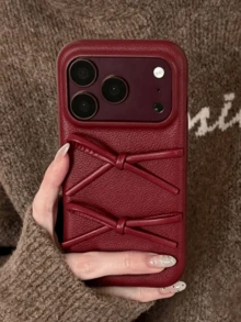 Vintage 3D Bow Red Lychee Texture Back Cover Protective Case, Compatible With Iphone 18 Pro Max, 18 Pro, 17 Pro Max, 17 Pro, 16, 15, 14, 13 Pro Max, 16, 14, 15, 17, Minimalist Shockproof Soft Shell - Red - View 2