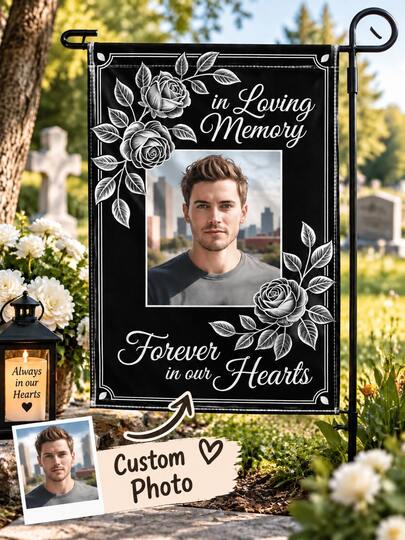 Pure Dark Black Base Hand Sketch White Rose Vintage Carved Frame Man Portrait Loving Memory Custom Garden Flags Personalized DIY Grave Front Yard Chapel Bereavement Family Eternal Heart Funeral Outdoor Wall Tribute Decor