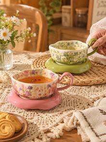 Elegant Floral Pattern Coffee Cup & Saucer Set, Latte Art Cup, Porcelain Tea Set Suitable For Afternoon Tea, Daily Use, Holiday & Birthday Gift - Multicolor - View 7