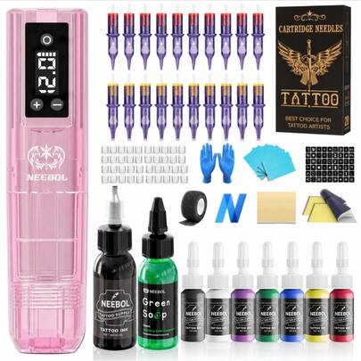 Neebol Tattoo Machine Kit Complete, Wireless Rotary Tattoo Pen Set, Full Tattoo Supplies For Beginners And Artists,(Due To Lighting And Angle During Photography, The Actual Product May Have Slight Color Differences Compared To The Images.)
