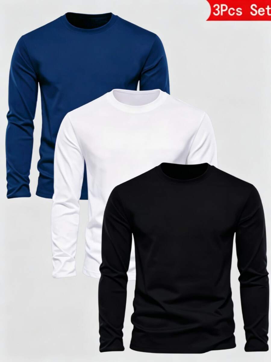 3pcs/Pack Men's Spring/Autumn Sports T-Shirt, Solid Color Long Sleeve Classic Versatile Fashion Top - Multicolor - View 1