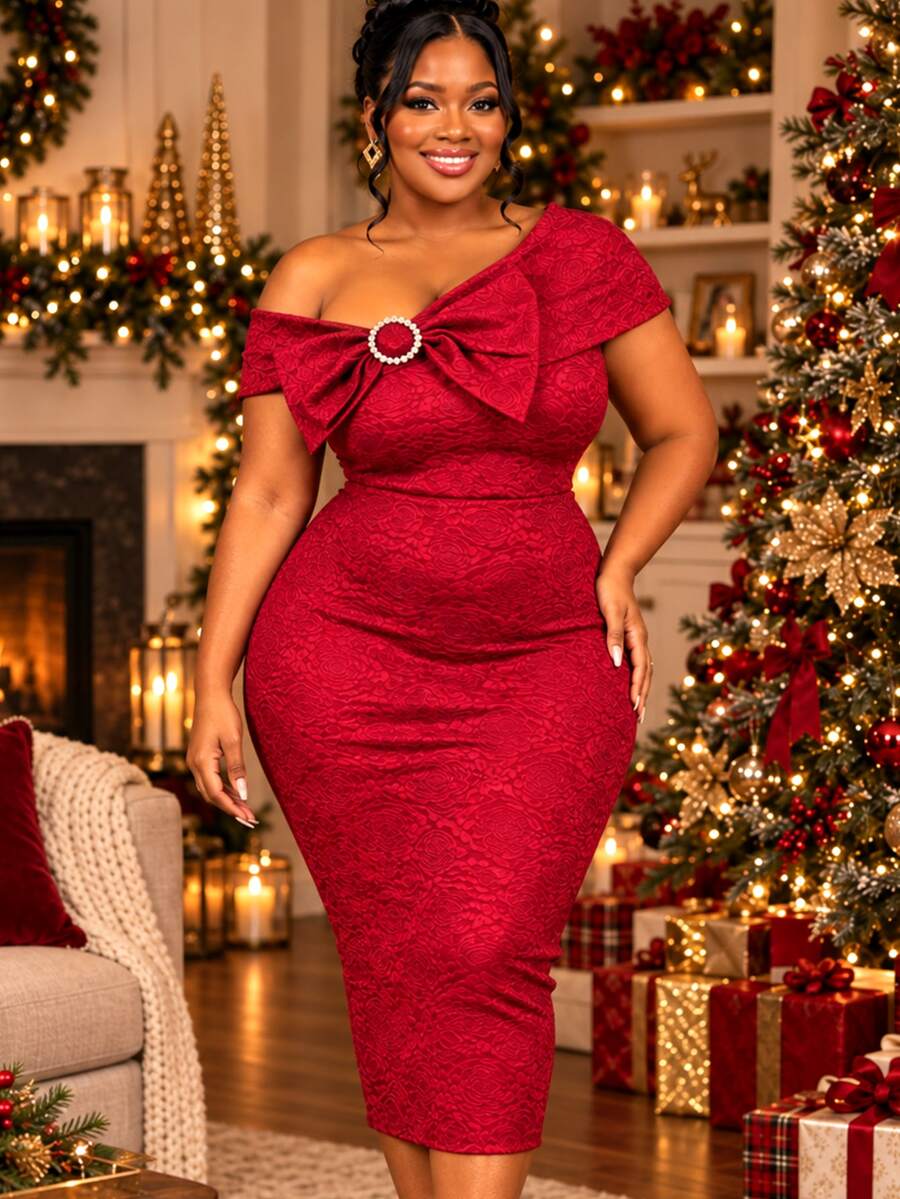 AOMEI Damen Große Größen elegantes Vintage rotes Jacquard Midi-Kleid mit einer Schulter und Schleife, figurbetontes Bodycon-Kleid für Geburtstagsparty, Hochzeit und Jahrestage