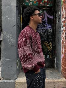 BLACKTOEXIT Men's V-Neck Loose Drop Shoulder American Vintage Street Digital Jacquard Plaid Pullover Knit Sweater, Autumn/Winter - Red - View 6
