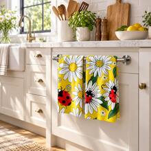 2pcs Yellow Daisy & Ladybug Print Kitchen Towels, Cute Red & Black Ladybug With White Flower And Green Leaf Pattern Hand Towels, Fresh Spring/Summer Pastoral Style Absorbent Dish Cloths Tea Towels, Suitable For Kitchen Cooking, Baking, Cleaning Wiping And Home Decor, Floral & Insect Theme Holiday Gift - Multicolor - View 3