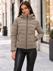 Women's Textured Collar Zip Up Hooded Quilted Padded Jacket With Flap Pockets - Khaki - View 2