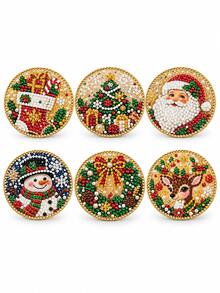 6pcs Christmas Bling Rhinestone Coaster 1 Piece, Santa Snowman Reindeer 2-In-1 Table Coaster & Tree Hanging Ornament, Fall Table Decor, Great Thanksgiving Christmas Holiday Gift, Sparkly Home Table Accessory - Multicolor - View 10