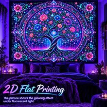 2D Flat Pattern, Single "Tree Of Life" Tapestry, Featuring Vibrant Mandala Design With Floral And Scroll Patterns. It Glows Under Fluorescent Light, Suitable For Wall Decoration, Bedroom Background Decor And Party Decoration. - Multicolor - View 12