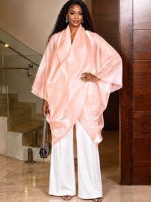 AOMEI 非洲女性粉色透視V領交叉前襟卡夫坦上衣，優雅婚禮晚宴派對襯衫 - 珊瑚粉 - 查看 2