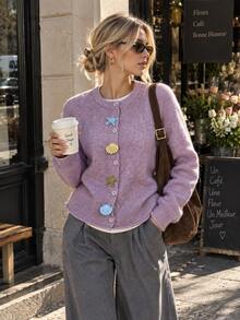 Women's Lilac Knitted Cardigan With Seashell & Starfish Buttons, Round Neck Long Raglan Sleeve Regular Fit Top For Fall & Winter - Lilac Purple - View 2