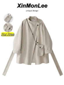 Mantel Wol Dua Sisi dengan Desain Elegan, Jaket Kancing Warna Polos, Cocok untuk Kuliah, Kantor, Sehari-hari, Musim Gugur/Musim Dingin, Liburan, dan Kasual. - Aprikot - View 1