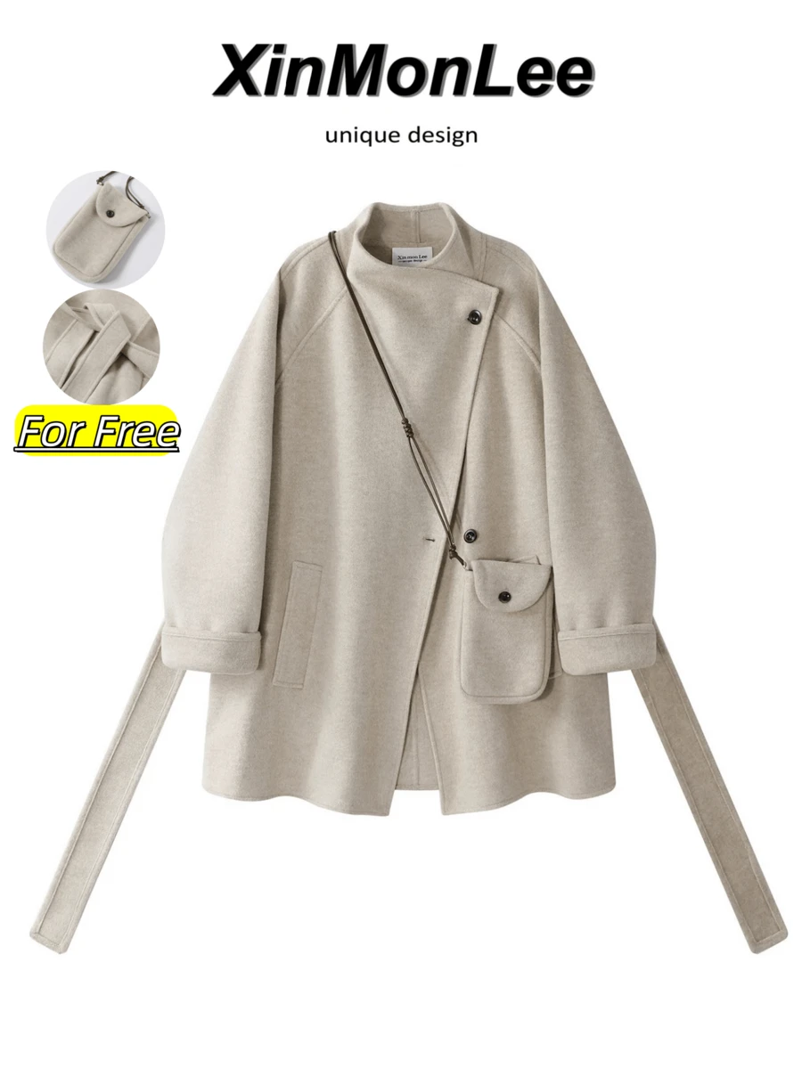 Mantel Wol Dua Sisi dengan Desain Elegan, Jaket Kancing Warna Polos, Cocok untuk Kuliah, Kantor, Sehari-hari, Musim Gugur/Musim Dingin, Liburan, dan Kasual. - Aprikot - View 1