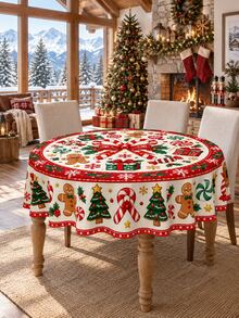 1pc-Retro Gingerbread Man Christmas Table Cover, Red Green Cream Holiday Tablecloth With Candy Cane & Christmas Tree Print, Winter Xmas Dining Room Tabletop Decoration, Lovely Festive Table Linen For Holiday Celebration - Multicolor - View 8