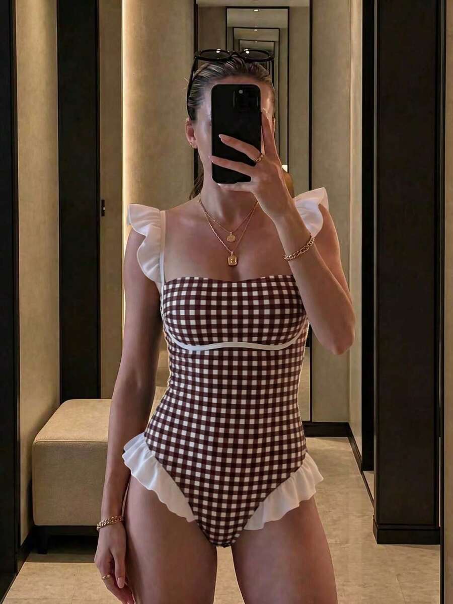新款辣妹夏季格紋高彈力休閒海灘度假約會派對女款一件式細肩帶泳衣 - 彩色 - 查看 1