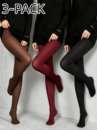 3 Pairs Women's Colored Opaque Tights, Soft Stretch High Waist Pantyhose, Brown Burgundy Black Stockings For Fall Winter Outfits