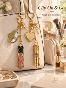 1pc Metal Woven Lipstick Mesh Pouch Keychain Heart & Star Shaped With Foldable Makeup Mirror Lip Gloss Storage Bag Pendant Portable Touch-Up Accessory Autumn Outfit Essential - Multicolor - View 4