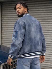 BLACKTOEXIT Men's Round Neck Denim Jacket, Casual Commute Versatile Pocket Baseball Jacket, Autumn/Winter - Baby Blue - View 4