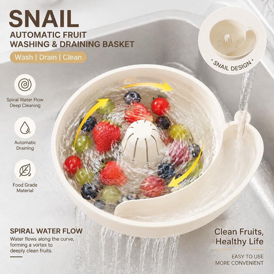 New Snail-Shaped Automatic Fruit & Vegetable Washing Basket, No-Hand Wash Soaking Cleaning & Draining Basket, Portable Kitchen Strainer Colander, Suitable For Grapes, Strawberries, Berries & Vegetables - Multicolor - View 1