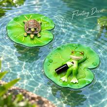 1pc Floating Lotus Leaf Pond Decor, Resin Frog Turtle Figurine, Water Floating Statue For Pool Fish Tank - A - View 4