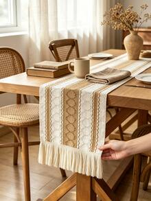 1PC Boho Geometric Zigzag Pattern Table Runner With Fringe Tassel Edge, Vintage Bohemian Macrame Aesthetic, Linen-Look Yarn-Dyed Woven Material, Easy Care, Multi-Scene Table Decor For Dining Room, Console, Sideboard, Autumn Thanksgiving Gathering - Khaki-b - View 3