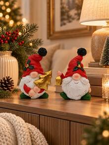 1pc Cute Christmas Gnome Figurines, Red Hat Gnome Holiday Decorations With Gold Tree Lantern Gift Box, Xmas Tabletop Decor For Home, Mantel, Shelf, Desk, Fireplace, Christmas Gift - A - View 3