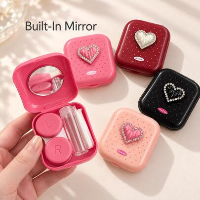 XIANG YU Cute Heart Design Contact Lens Case With Mirror, Portable Lens Storage Box, Minimalist Travel Storage Box, Fashion Contact Lens Storage Box With Accessories